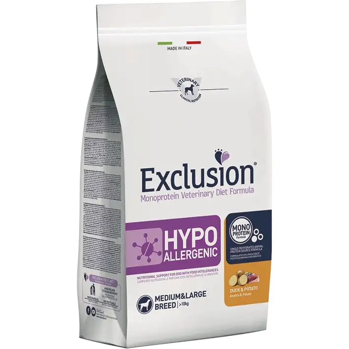 Exclusion Monoprotein Veterinary Diet Formula Hypoallergenic Crocchette Anatra/Patate Per Cani Taglia Media/Grande Sacco 12kg
