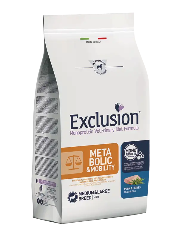 Exclusion Monoprotein Veterinary Diet Formula Metabolic & Mobility Crocchette Con Maiale/Fibre Per Cani Adulti Taglia Medio/Grande Sacco 12kg