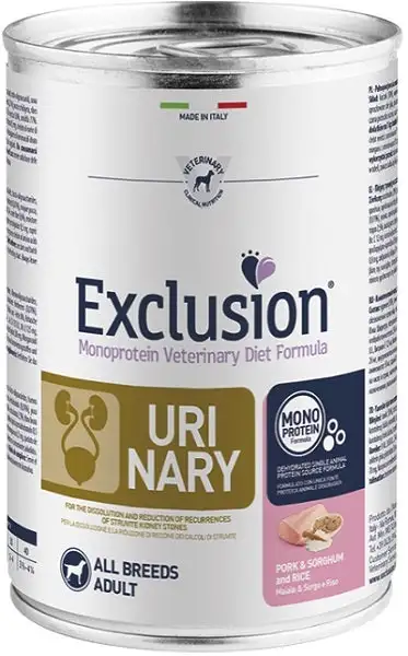Exclusion Monoprotein Veterinary Diet Formula Urinary Cibo Umido Sorgo/Suino/Riso Per Cani 400g