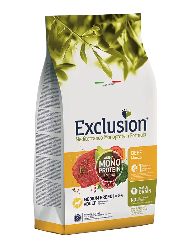 Exclusion Mediterraneo Monoprotein Formula Noble Grain Beef Crocchette Con Manzo Per Cani Adulti Taglia Media Sacco 12kg