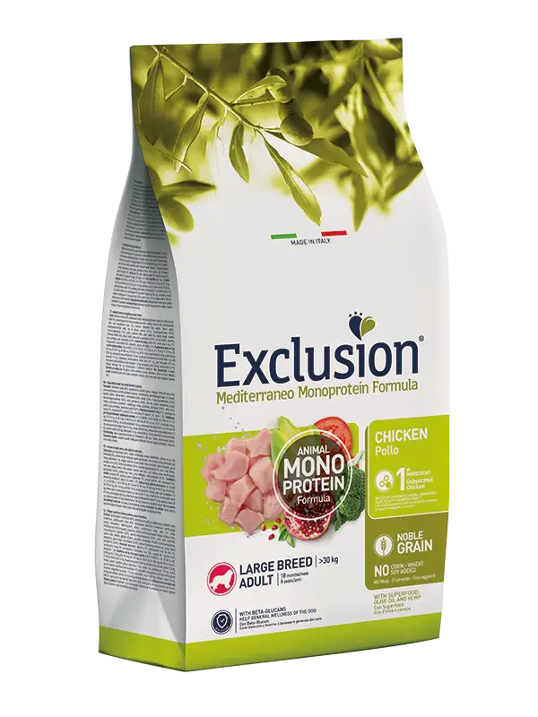 Exclusion Mediterraneo Monoprotein Noble Grain Crocchette Pollo Per Cani Adulti Taglia Grande Sacco 12kg