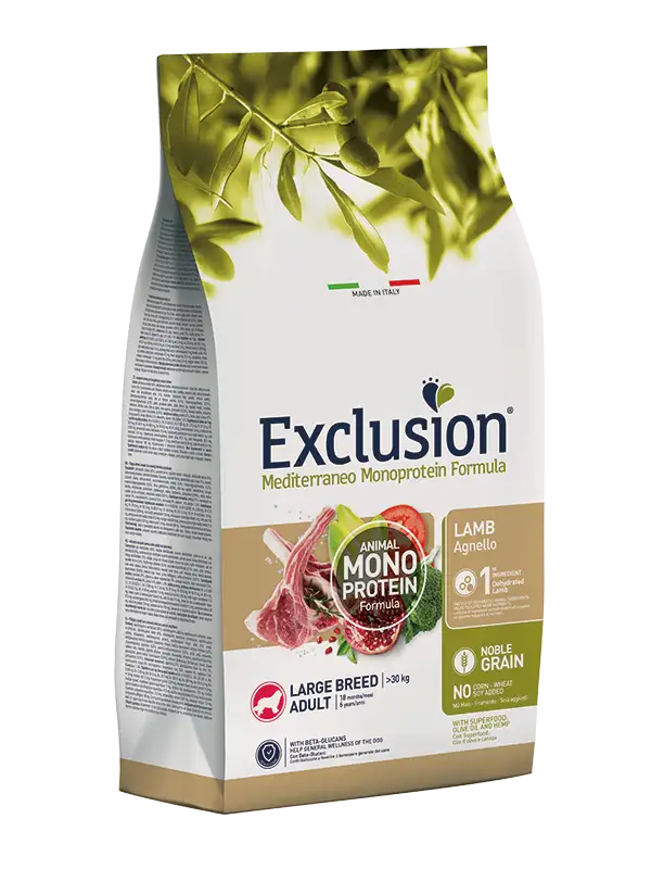 Exclusion Mediterraneo Monoprotein Formula Noble Grain Lamb Crocchette Con Agnello Per Cani Adulti Taglia Grande Sacco 12kg