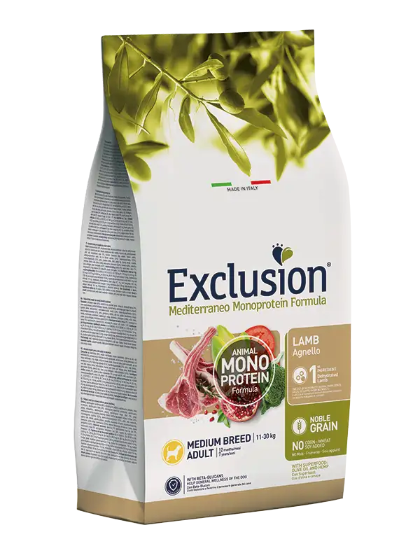Exclusion Mediterraneo Monoprotein Formula Noble Grain Lamb Crocchette Con Agnello Per Cani Adulti Taglia Media Sacco 12kg