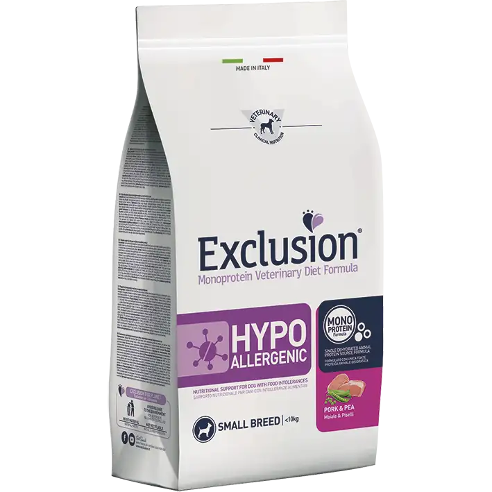 Exclusion Monoprotein Veterinary Diet Formula Hypoallergenic Crocchette Suino/Piselli Per Cani Taglia Piccola Sacco 2kg