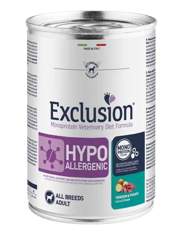 Exclusion Monoprotein Veterinary Diet Formula Hypoallergenic Cibo Umido Cervo E Patate Per Cani Adulti Lattina 400g