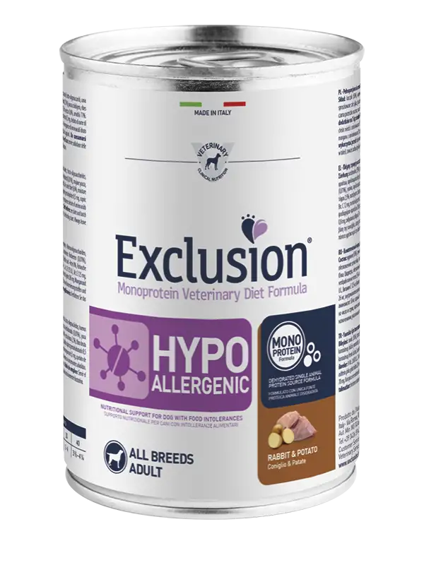 Exclusion Veterinary Diet Formula Hypoallergenic Per Cani Coniglio/Patate Lattina 400gr