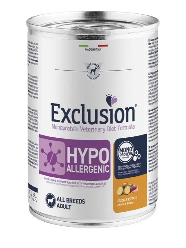 Exclusion Monoprotein Veterinary Diet Formula Hypoallergenic Umido Anatra/Patate Cani Lattina 400g