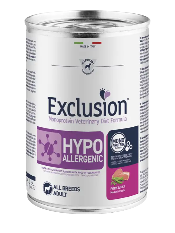Exclusion Veterinary Diet Formula Hypoallergenic Per Cani Maiale/Piselli Lattina 400gr