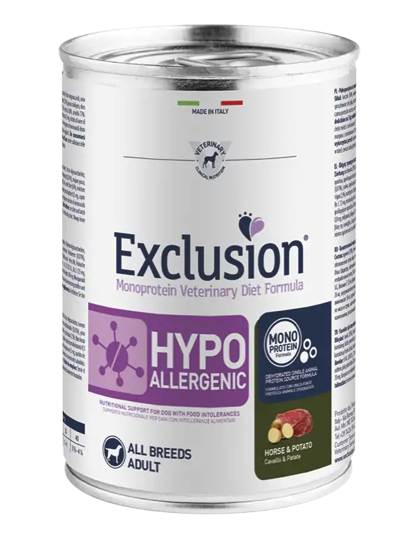 Exclusion Veterinary Diet Formula Hypoallergenic Per Cani Cavallo/Patate Lattina 400gr