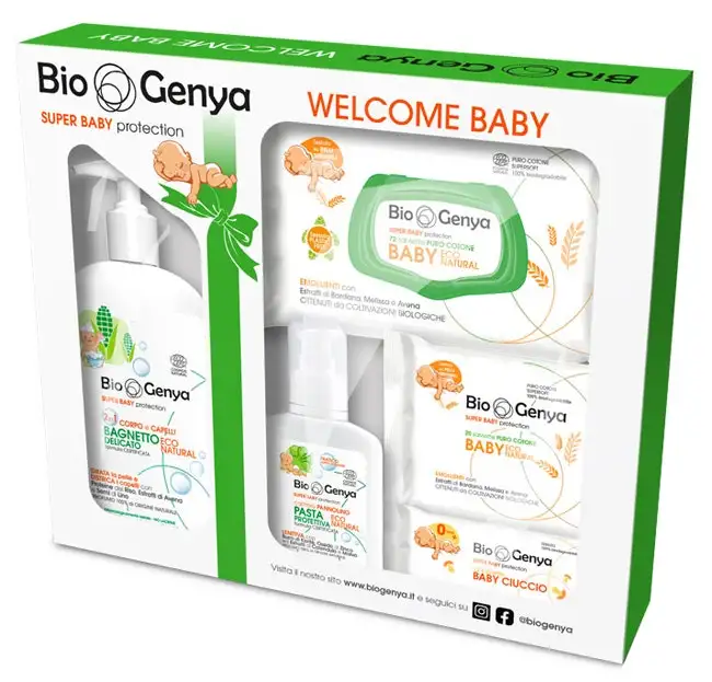 Biogenya Cofanetto Welcome Baby Bagnetto Delicato + Pasta Protettiva + Salviette Igiene + Salviette Ciuccio