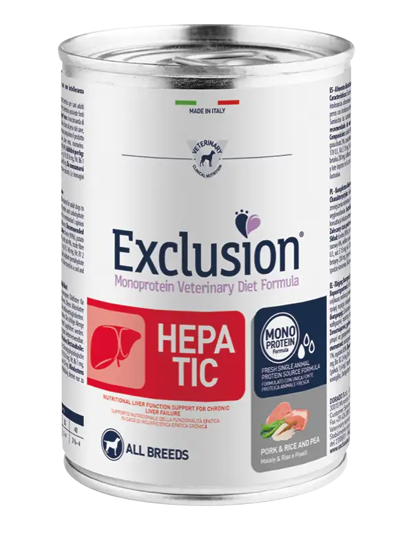 Exclusion Veterinary Diet Hepatic Pork Rice And Pea Cani Adulti Lattina 400gr