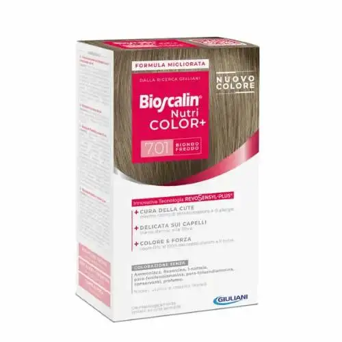 BIOSCALIN NUTRI COLOR+ 7,01 BIONDO FREDDO CREMA COLORANTE 40 ML + RIVELATORE CREMA 60 ML + SHAMPOO 12 ML + BALSAMO 12 ML + GUANTI USA E GETTA
