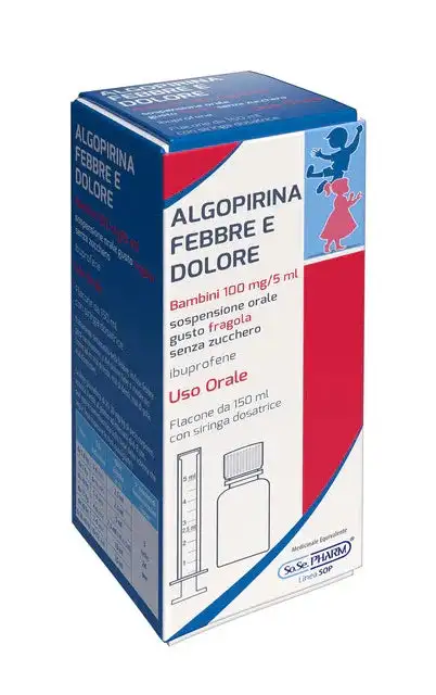 ALGOPIRINA FEBBRE DOL BAMBINI 100 MG/5 ML SOSPENSIONE ORALE GUSTO FRAGOLA SENZA ZUCCHERO 1 FLACONE DA 150 ML CON SIRINGA DOSATRICE