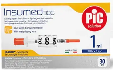 SIRINGA INSULINA PIC INSUMED 1 ML 100 UI AGO GAUGE 30 12,7 MM SENZA SPAZIO MORTO 30 PEZZI