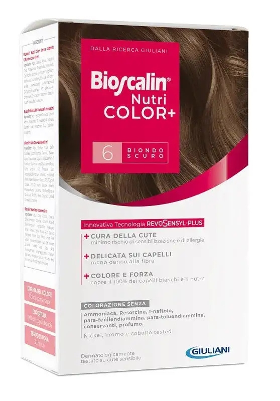 BIOSCALIN NUTRICOLOR PLUS 6 BIONDO SCURO CREMA COLORANTE 40 ML + RIVELATORE CREMA 60 ML + SHAMPOO 12 ML + TRATTAMENTO FINALE BALSAMO 12 ML