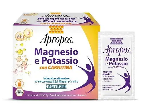 APROPOS MAGNESIO E POTASSIO CON CARNITINA 24 BUSTINE SOLUBILI DA 3,5 G GUSTO ARANCIA SENZA ZUCCHERI