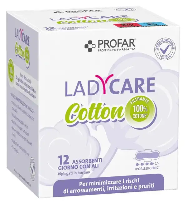 LADYCARE ASSORBENTI COTTON IPOALLERGENICI GIORNO CON ALI 12 PEZZI PROFAR