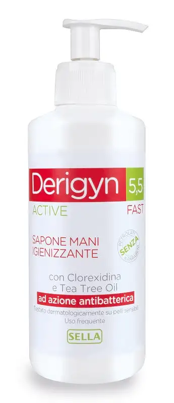 DERIGYN 5,5 ACTIVE FAST SAPONE MANI E CORPO IGIENIZZANTE CON CLOREXIDINA E TEA TREE OIL AD AZIONE ANTIBATTERICA 300 ML